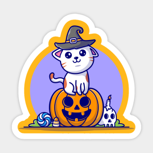 Cute Witch Cat Sitting Pumpkin Halloween Cartoon Vector Icon Illustration Sticker